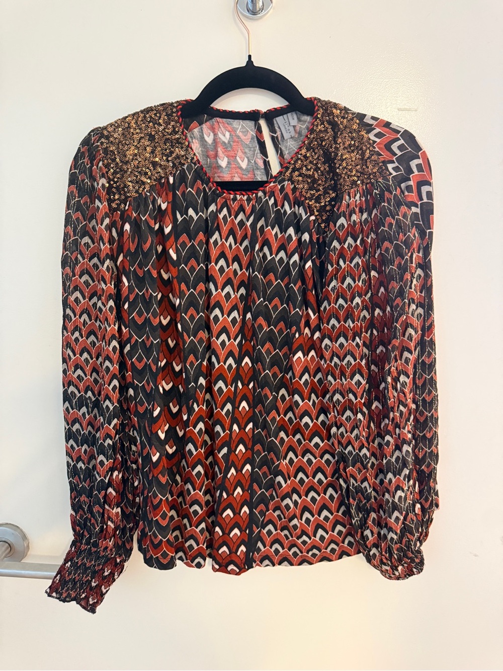 Embellished Sequin Shoulder Geometric Print Blouse Boho Evening Top